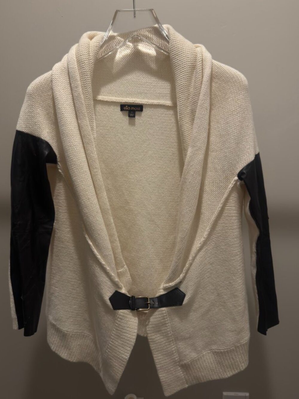 Ella Moss Ivory Knit Cardigan Faux Leather Sleeve Buckle Size S